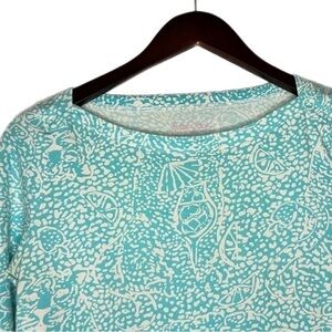 Lilly Pulitzer Teal and White 3/4 Sleeve Top Shorely Blue Ice Cake Print